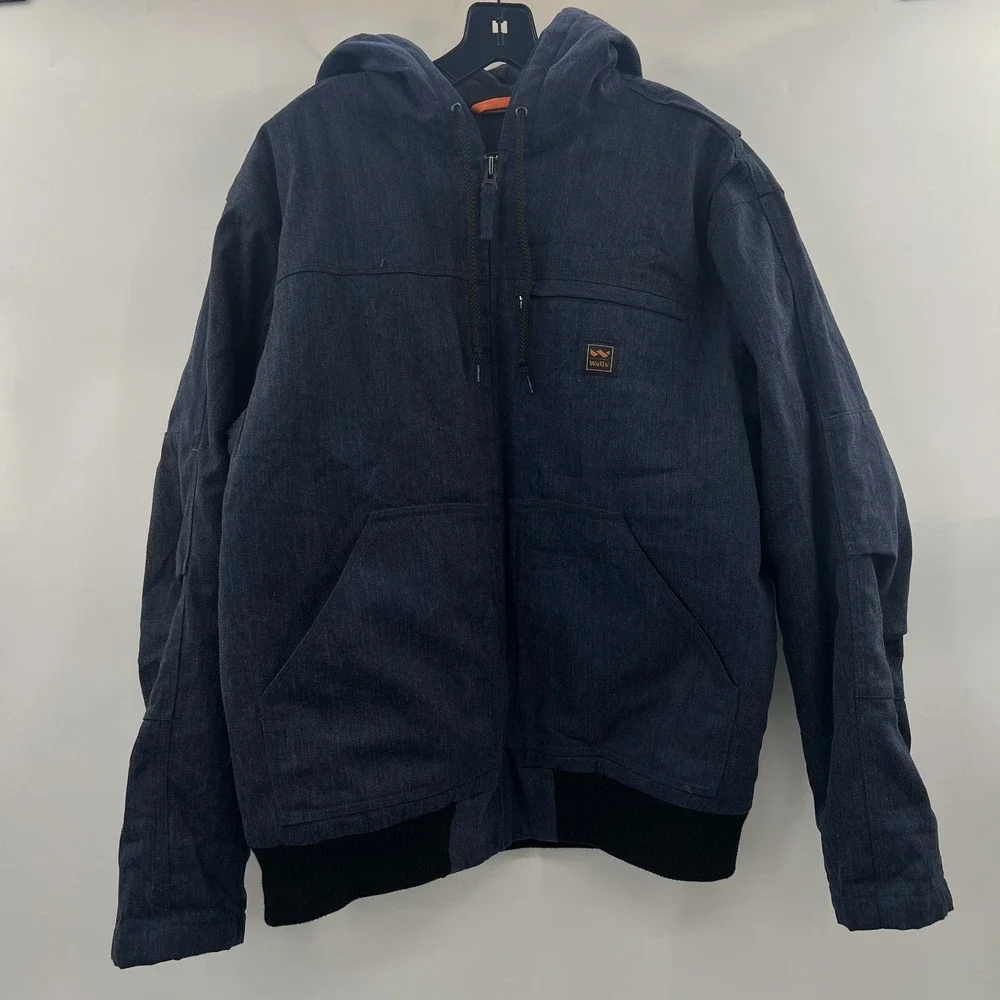 Walls Heavyweight Work Jacket Mens L Hooded Lined Quilted Pockets Navy Blue EUC